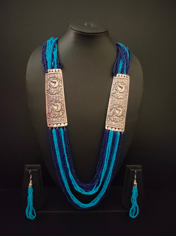 Blue Beaded Multi Layered Necklace Set with Metal Detailing