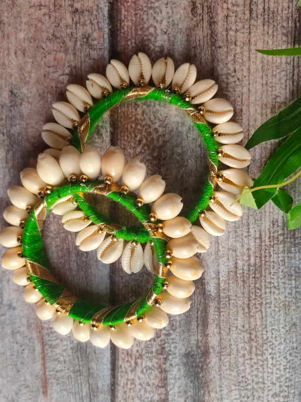 Green Gota and Shell Work Bangles