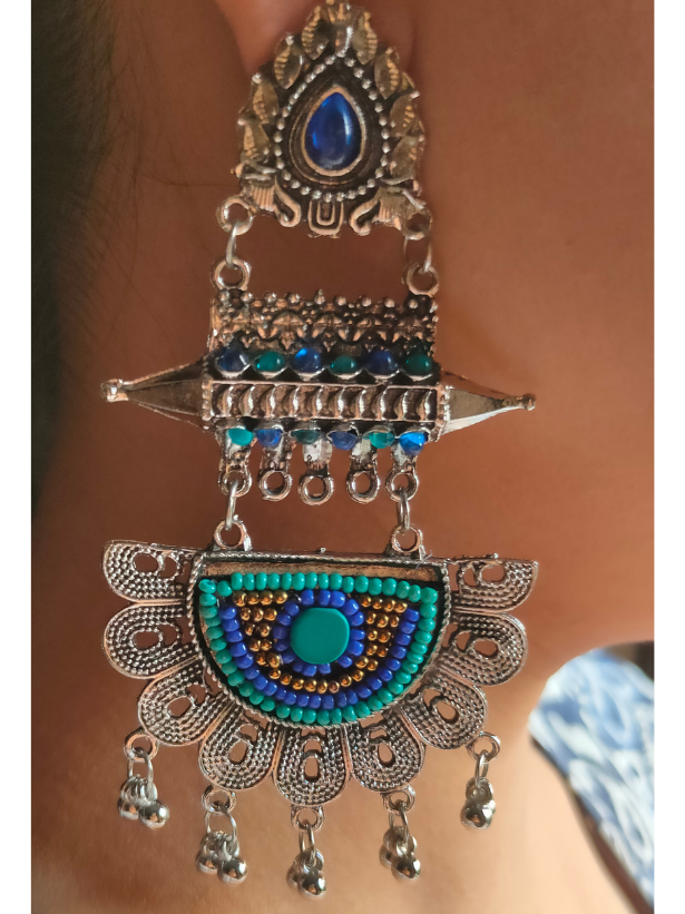 Long Beaded Afghani Earrings with Blue Stone