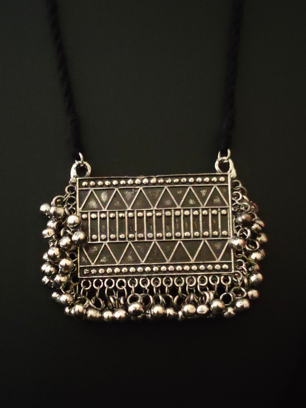 Oxidised Silver Necklace Set with Metal Beads and Thread Closure