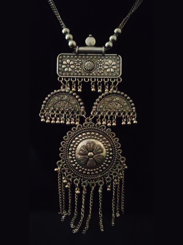 Long Chain Oxidised Silver Tribal Necklace Set