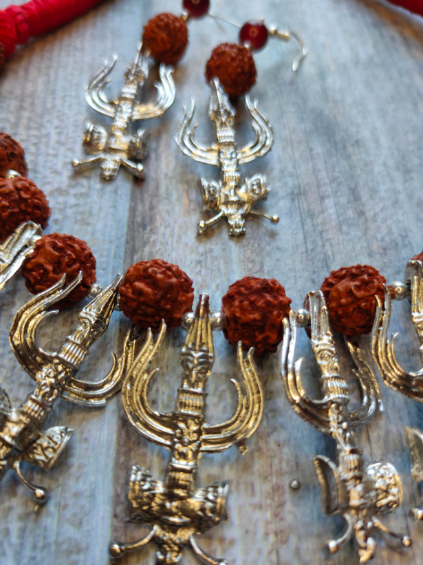 Rudraksha Beads Trishul Necklace Set with Thread Closure
