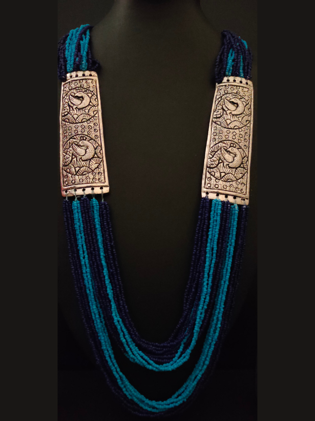 Blue Beaded Multi Layered Necklace Set with Metal Detailing