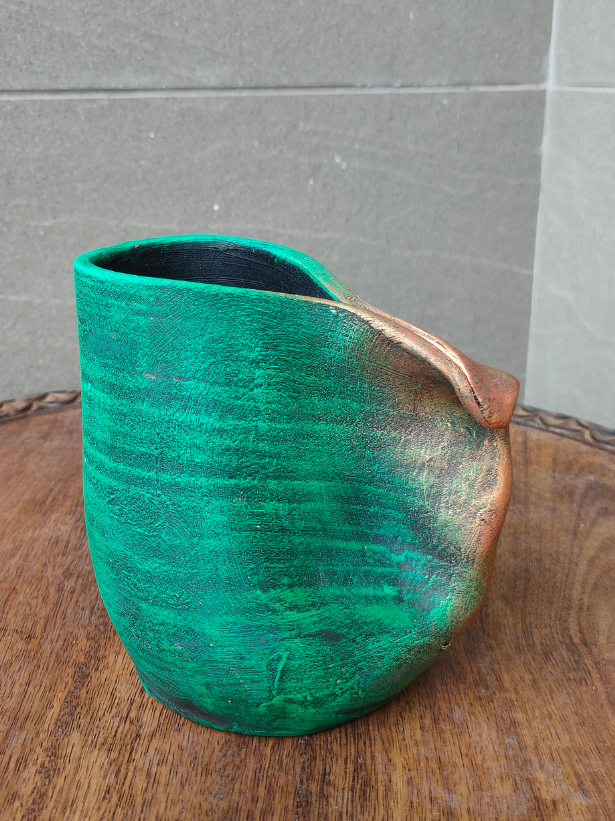 Sea Green and Bronze Handcrafted Modern Art Terracotta Pot