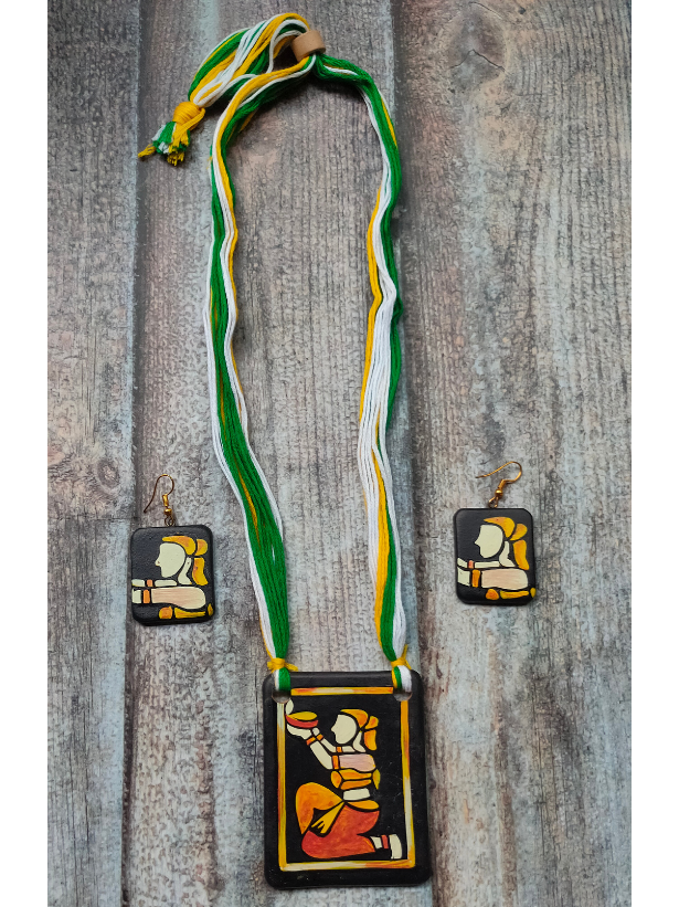 Hand Painted Clay Necklace Set with Multi-Color Thread Closure