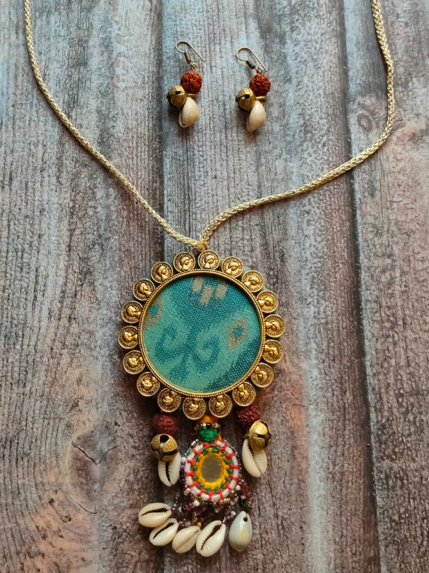 Handcrafted Fabric Necklace Set with Shells and Rudraksha