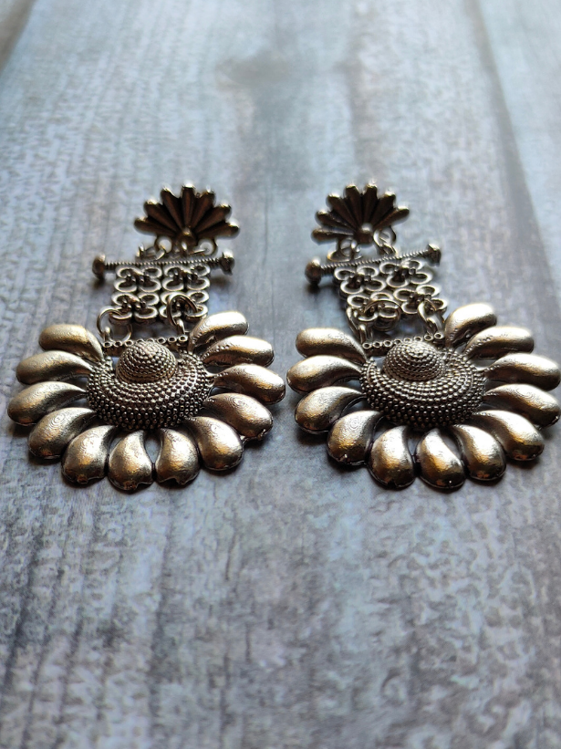 Oxidised Silver Long Mesh Flower Shaped Earrings