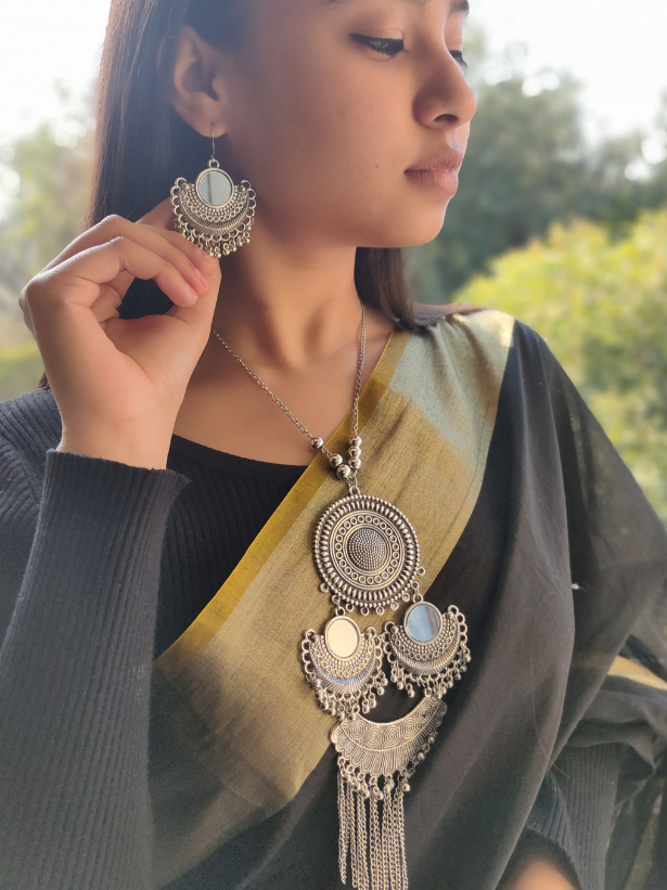 Mirror Oxidised Silver Long Chain Necklace Set