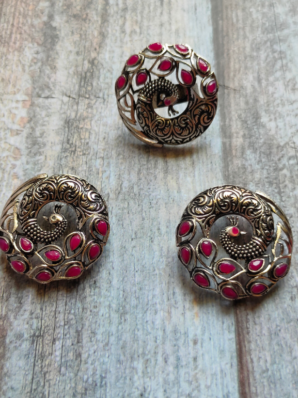 Set of 3 - Peacock Earrings and Ring with Red Stones