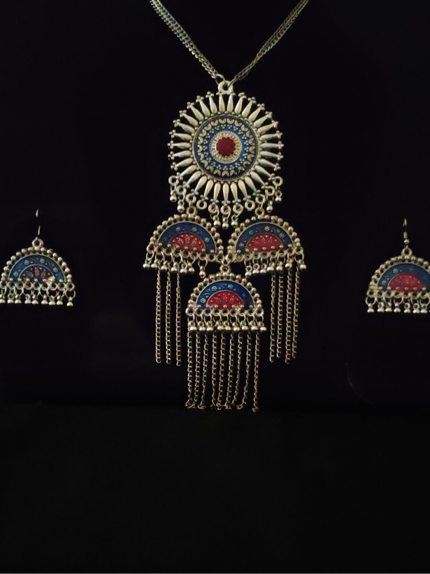 Oxidised Silver Handpainted Chakra Necklace Set