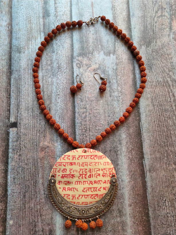 Mantra Printed Fabric, Metal and Rudraksha Necklace Set