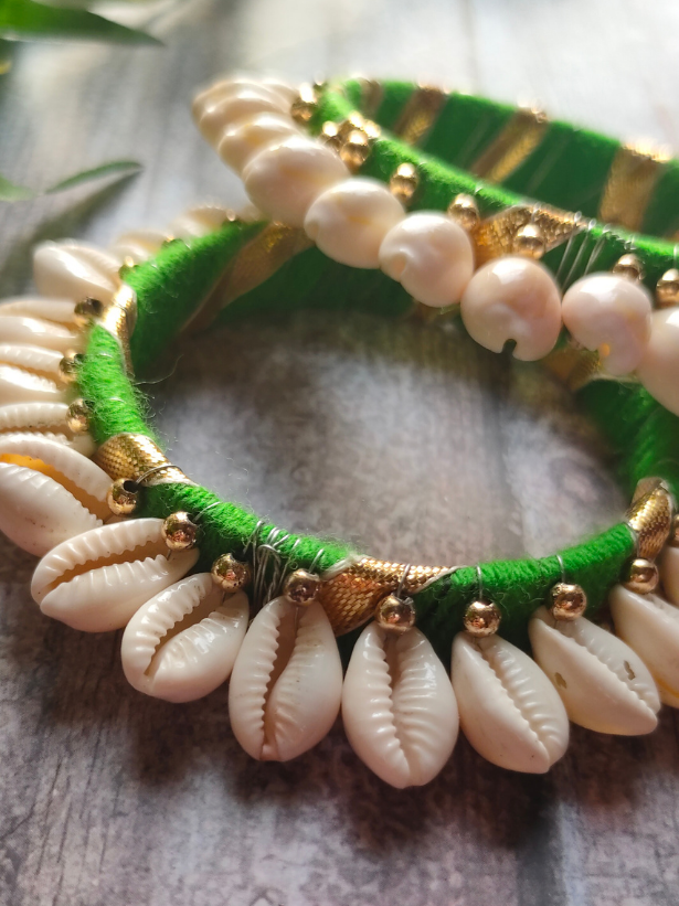 Green Gota and Shell Work Bangles