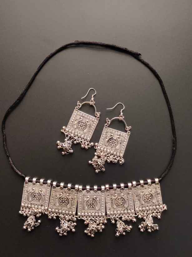 Oxidised Silver Peacock Choker Necklace Set with Metal Beads