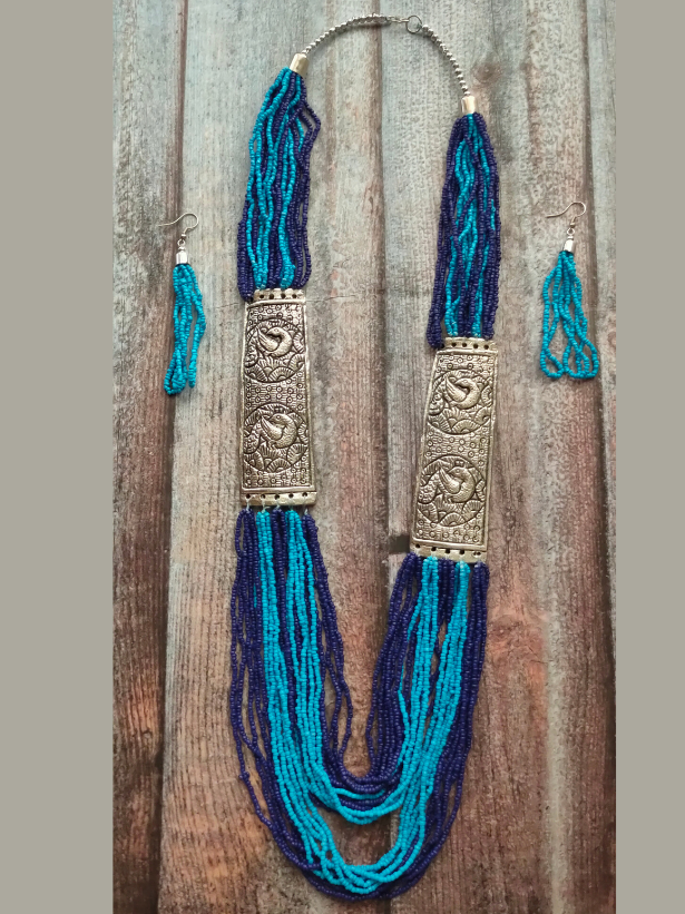 Blue Beaded Multi Layered Necklace Set with Metal Detailing