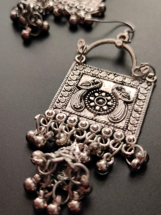 Oxidised Silver Peacock Choker Necklace Set with Metal Beads