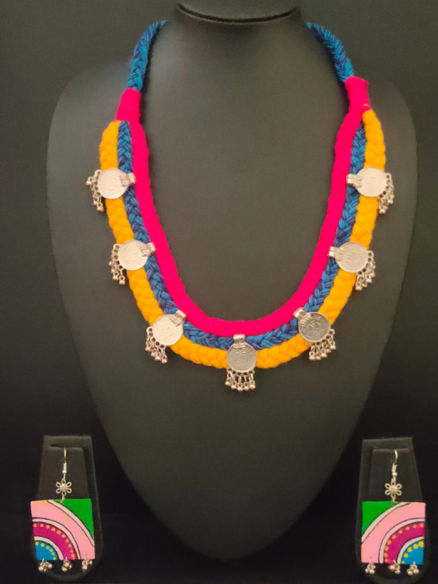 Braided Fabric Threads with Vintage Coins Necklace Set