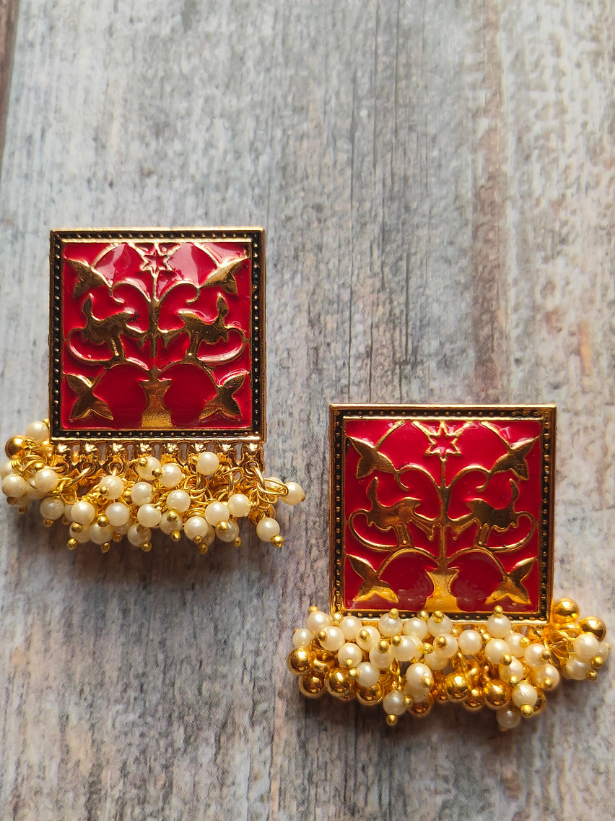 White Beads Red Enamel Paint Earrings