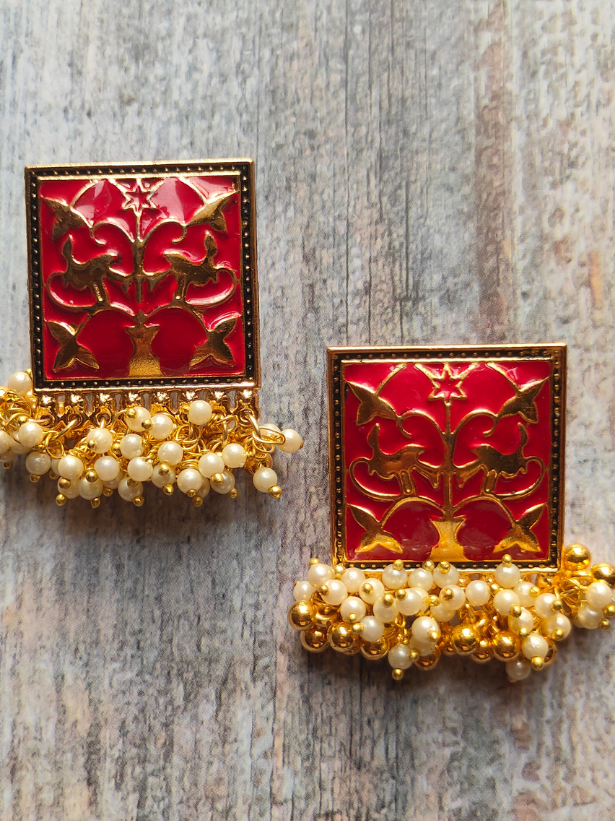 White Beads Red Enamel Paint Earrings