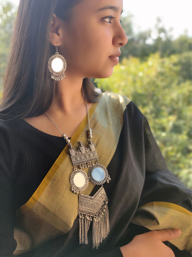 Oxidised Silver Long Chain Mirror Work Necklace Set