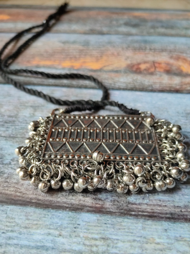 Oxidised Silver Necklace Set with Metal Beads and Thread Closure