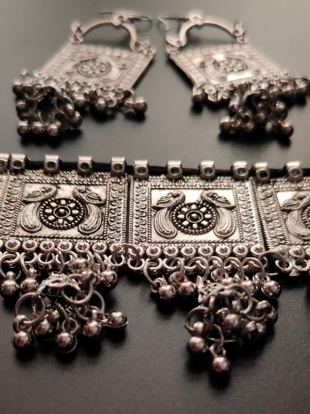 Oxidised Silver Peacock Choker Necklace Set with Metal Beads