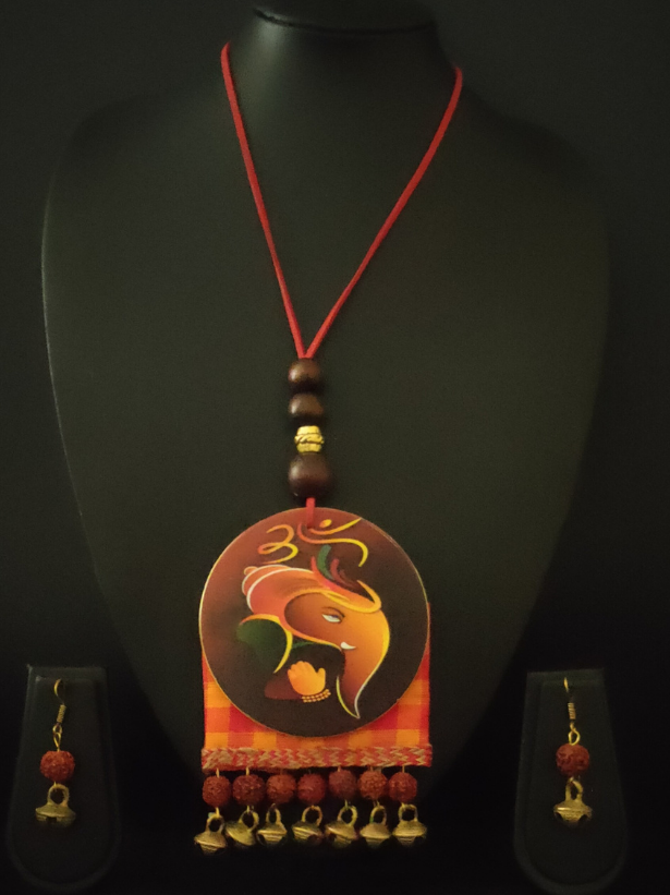 Ganesha Printed Pure Marble and Fabric Necklace Set with Rudraksha Beads and Ghungroo