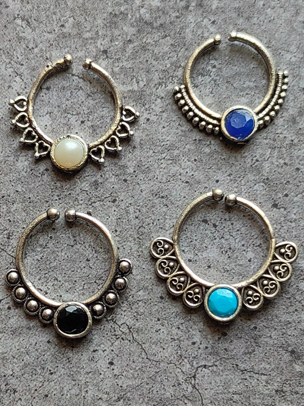 Four Oxidised Silver Tribal Septum Nosepins