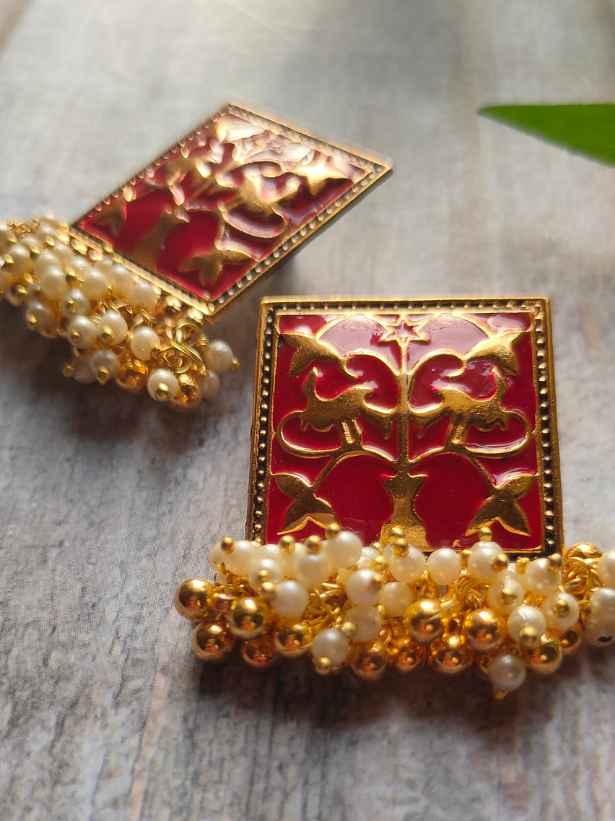 White Beads Red Enamel Paint Earrings