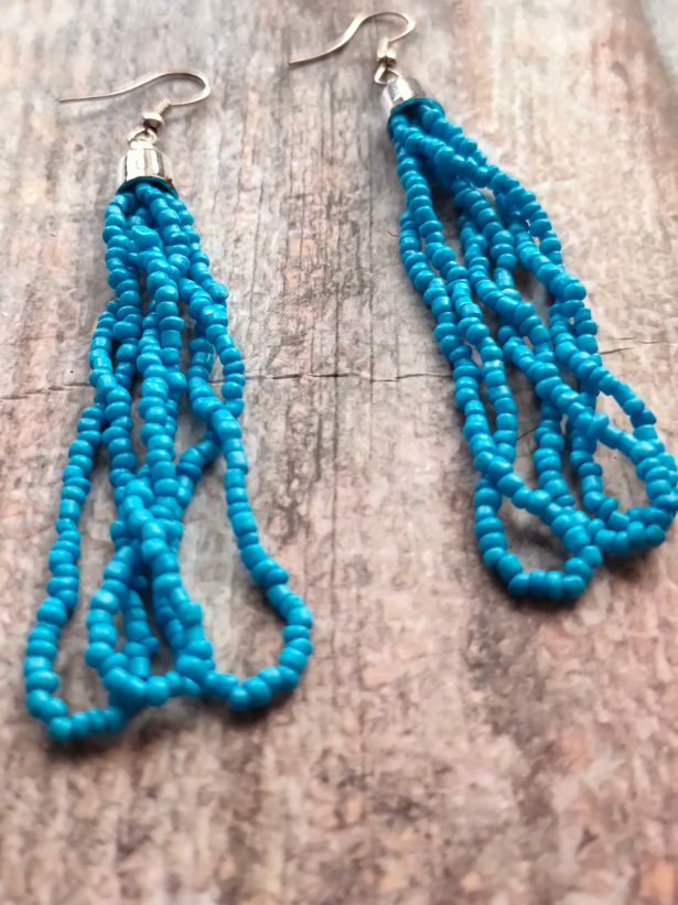 Blue Beaded Multi Layered Necklace Set with Metal Detailing