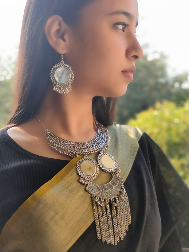 Oxidised Silver Mirror Work Choker Necklace Set