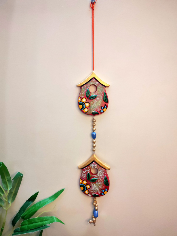 Handmade and Hand-Painted 2 Floral Red Huts Terracotta Wall Hanging