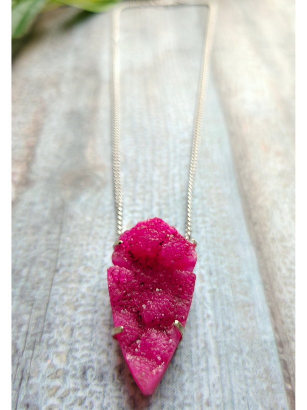 Pink Crystal Druzy Gemstone Pendant Necklace 18" to 24"