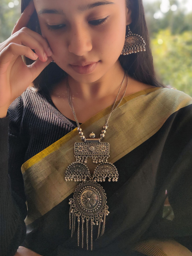 Long Chain Oxidised Silver Tribal Necklace Set