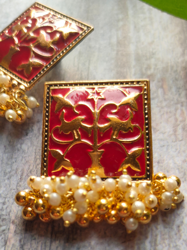 White Beads Red Enamel Paint Earrings