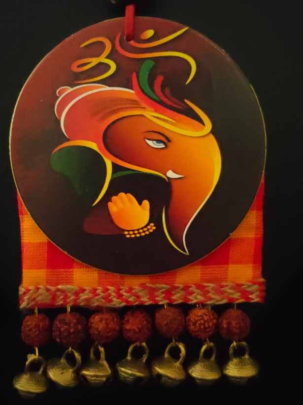 Ganesha Printed Pure Marble and Fabric Necklace Set with Rudraksha Beads and Ghungroo