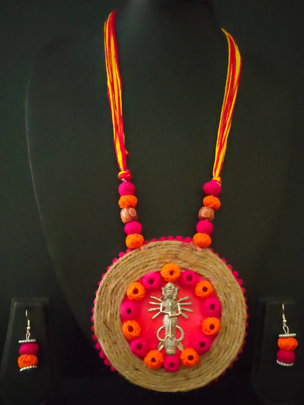 Religious Motif Jute Necklace Set with Fabric Beads