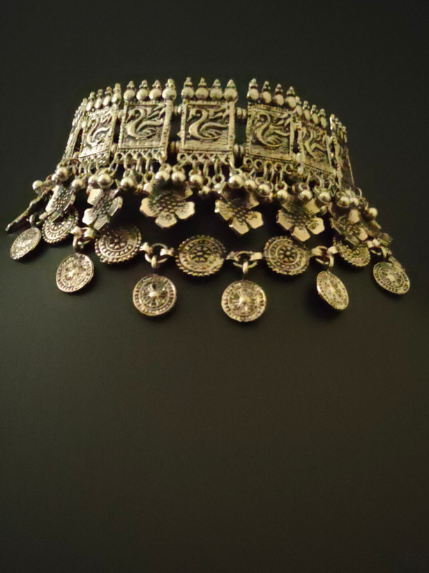 Statement Oxidised Silver Choker Necklace Set with Bird & Flower Motifs