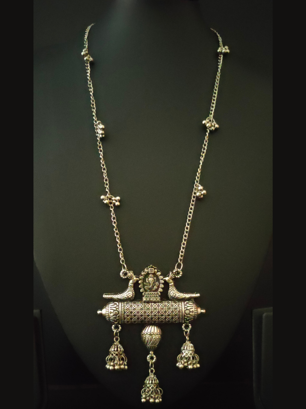 Long Chain Oxidised Silver Bird and Ganesha Necklace