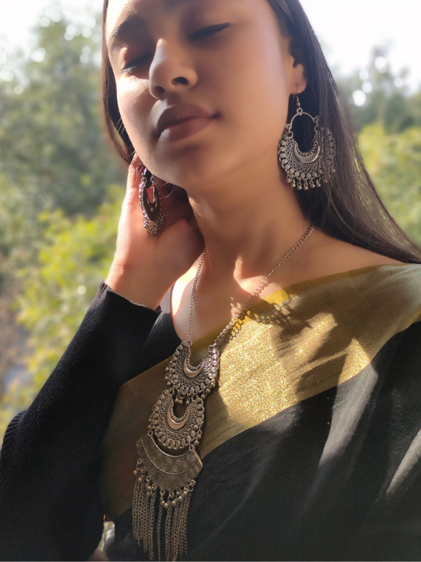 Long Chain Oxidised Silver Tribal Necklace Set