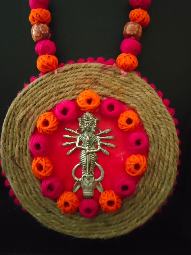 Religious Motif Jute Necklace Set with Fabric Beads