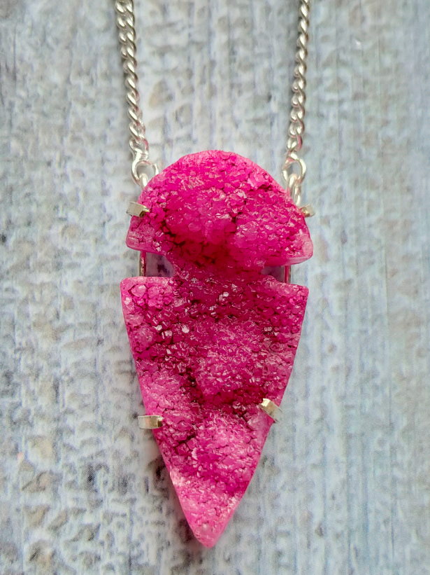 Pink Crystal Druzy Gemstone Pendant Necklace 18" to 24"