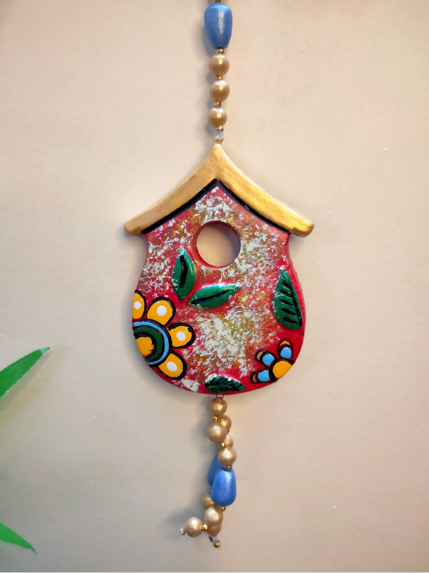Handmade and Hand-Painted 2 Floral Red Huts Terracotta Wall Hanging