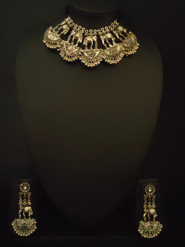 Statement 2 Layer Oxidised Silver Elephant Choker Necklace Set
