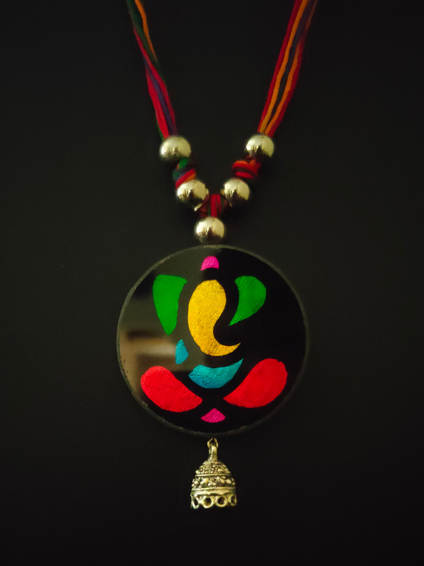 Hand Painted Ganesha on Glass Necklace Set with Thread Closure