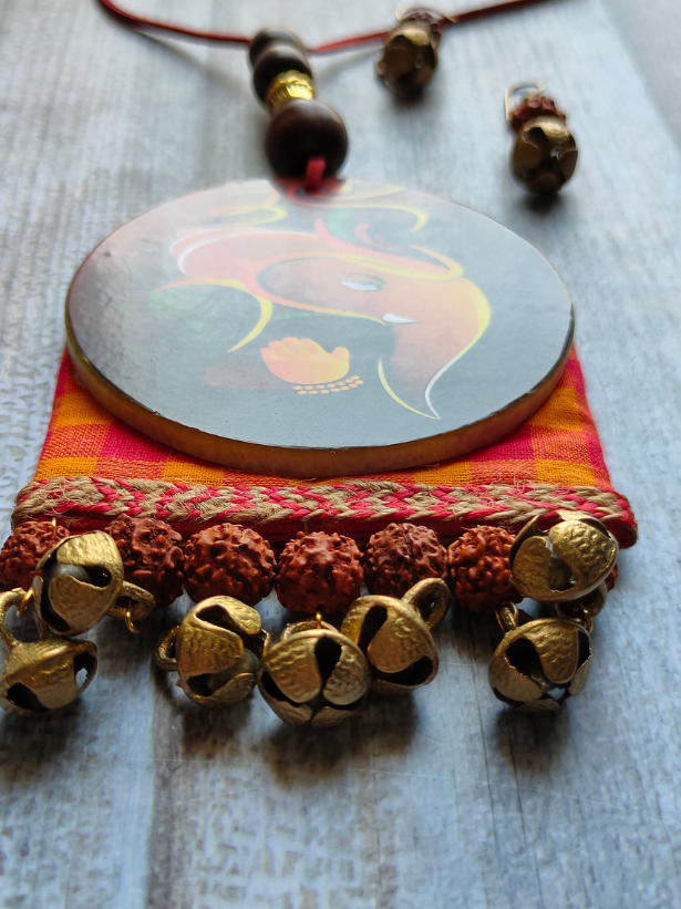 Ganesha Printed Pure Marble and Fabric Necklace Set with Rudraksha Beads and Ghungroo