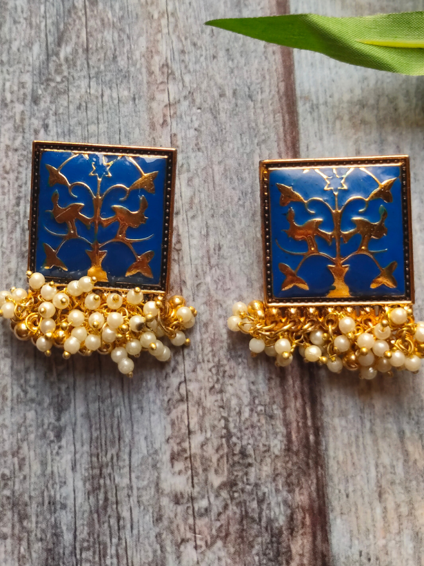 White Beads Blue Enamel Paint Earrings