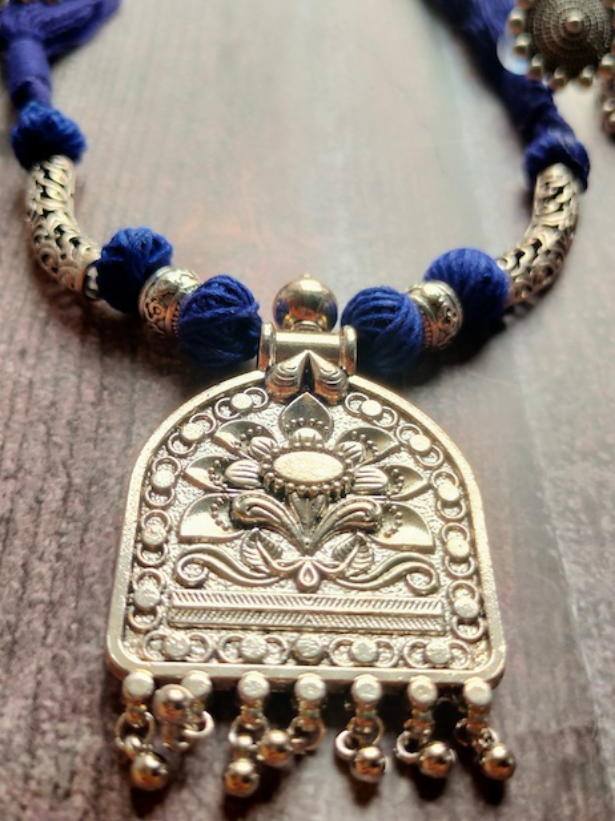 Thread Closure Necklace Set with Fabric Beads and Jhumka Earrings