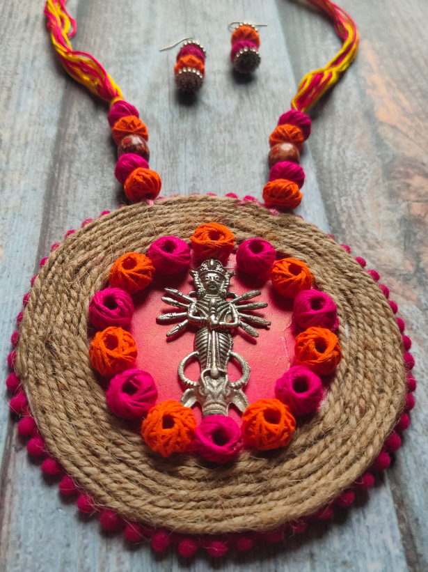 Religious Motif Jute Necklace Set with Fabric Beads