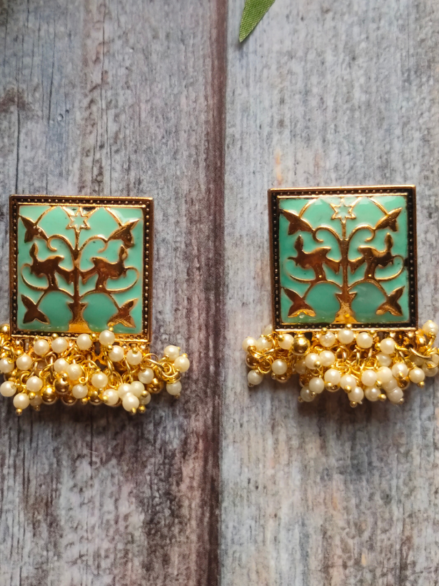 White Beads Sea Green Enamel Paint Earrings