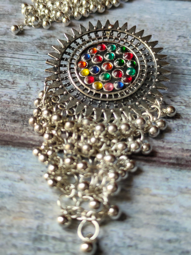 Statement Oxidised Silver Earrings with Colorful Stones and Metal Beads